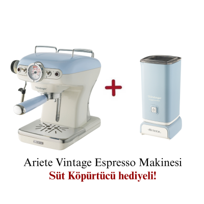 Ariete Vintage Espresso Kahve Makinesi Mavi 1389/15 + Vintage Süt Köpürtücü 2878/05 Hediyeli - 1